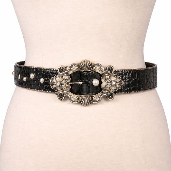 Vintage Leatherock Black Leather Statement Belt | Ornate Buckle | Made in USA